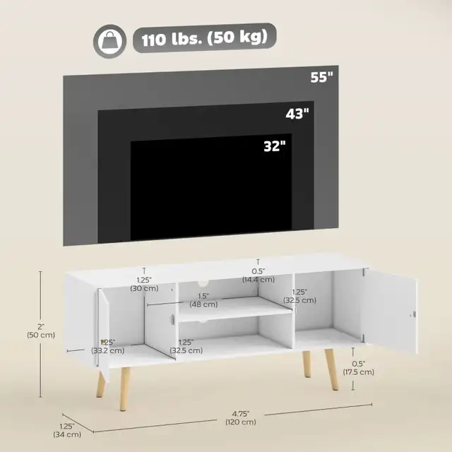 White TV Stand with 2 doors TV Cabinet for TVs up to 55" in Bookcases & Shelving Units in Markham / York Region - Image 3