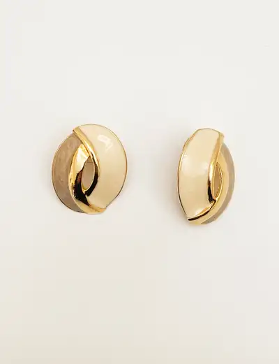 Vintage  Gold Tone/Creme and Honey Enamel  Earrings, View more