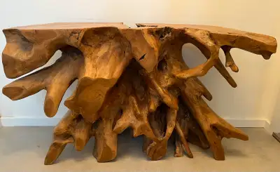 - authentic live wood tree root console hallway table - very heavy - height 29” - width 51.5” - dept...