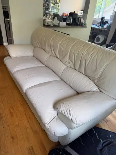 Used White Leather Sofa + Sofa Cover – $120 (Pickup Only), View more