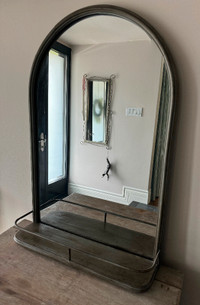 Industrial Style Metal Frame Arch Top Mirror with Shelf