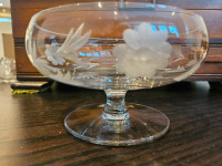 Vintage crystal candy dish with etched flowers