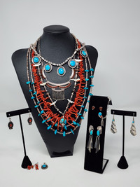 Native American Navajo Zuni Vintage Turquoise & Red Coral Jewelr