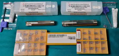 2 Mitsubishi APX3000 Indexable Endmills +50 inserts (5/8 & 3/4), View more