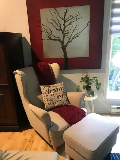 Magnifique fauteuil et son repose-pied acheté chez IKEA. Il est de couleur gris pâle. Tout le monde...