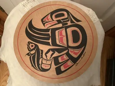 Vtg Haida Cedar Hoop Drum  Raven & Salmon by Clarence A Wells, View more