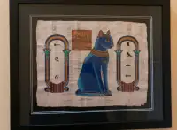 Egyptian cat on papyrus paper - framed art