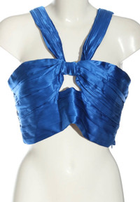 Blue Satin Zara Halter Crop Top w Ribbed Detailing