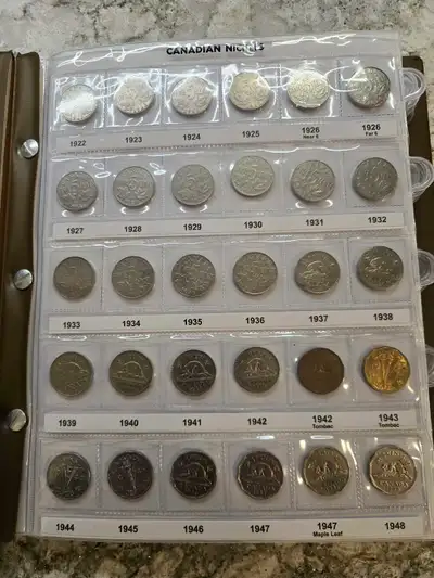 Complete collection of Canadian nickels. There are two 1925, one 1926 Far 6 and two 1926 near 6. A t...