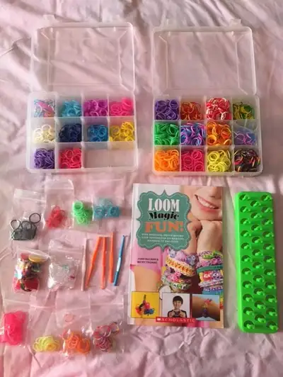 Loom Band Kit includes book, bands, loom, hooks, clips, charms, containers, etc.