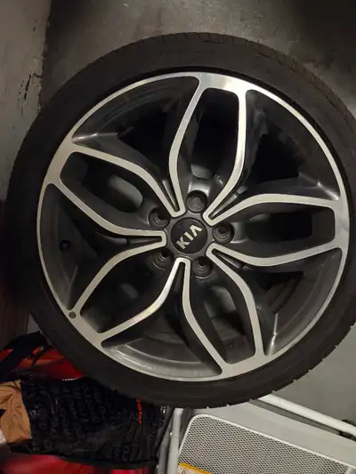 Tires and rims for a 2016 Kia Forte5. Possibly 50% tread left on tires. Rims do have some damage as...