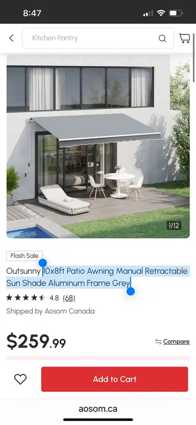 10x8ft Patio Awning Manual Retractable Sun Shade Aluminum Frame , View more