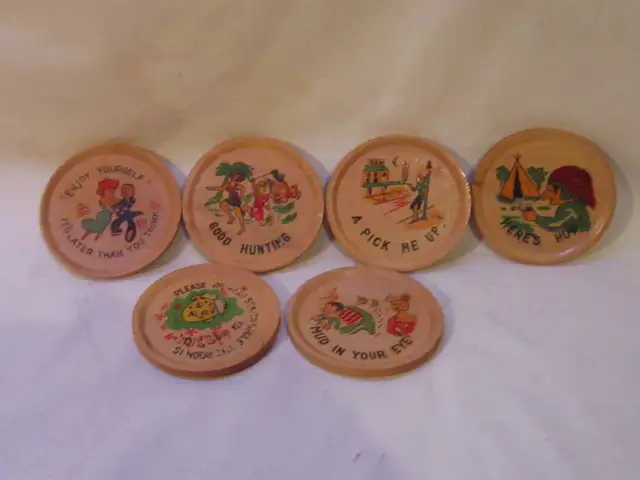 Vintage ~ Wooden ~ Joke Coasters ~ Set of 6 #58628632582094101210