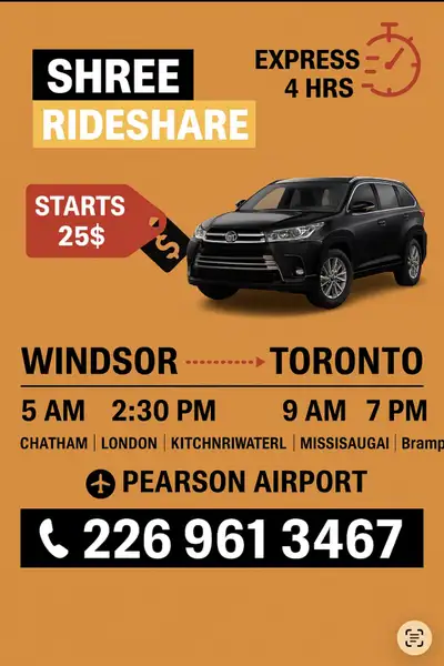 Windsor to Brampton ride available , View more