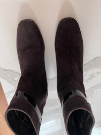 Aquatalia suede and patent leather fashion boot.