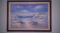 LARGE OIL PAINTING SIGNED GIRL ON BEACH SAND DUNES CLIFF WAVES