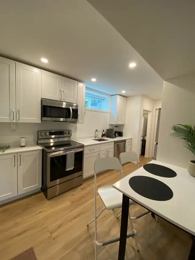 Bright, new fully furnished & equipped 1 bedroom suite & den 