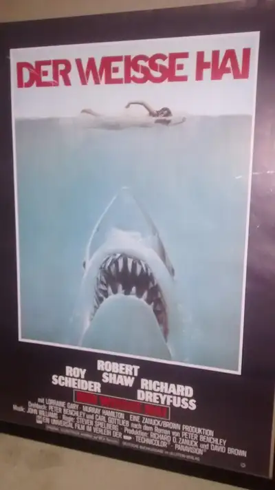 An Original German 1975 summer blockbuster movie poster for JAWS (Der Weisse Hai) . Nice condition,...