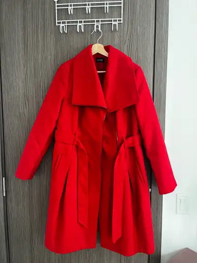George brand Women's red coat. Features a belted waist and a collared neckline. Long sleeves.