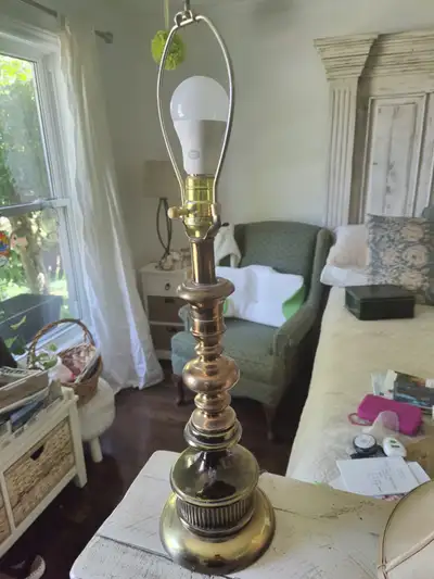 One Vintage Brass Table Lamp With Shade., View more