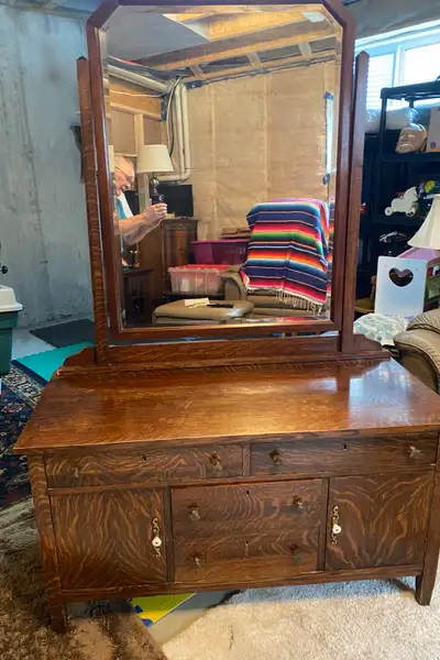 Antique Tiger Oak Dresser and Mirror, View more