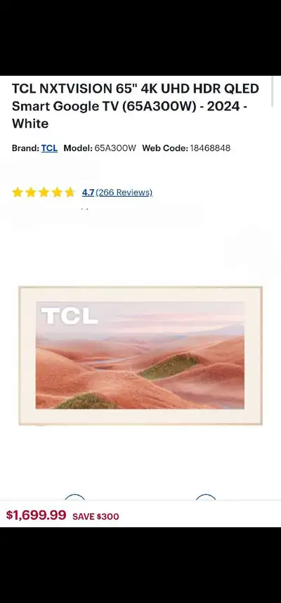 TCL NXTVISION 65" 4K UHD HDR QLED Smart Google TV (A300W) -2024, View more