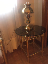 Brass side table &  brass bed headboard & steel bed frame & lamp