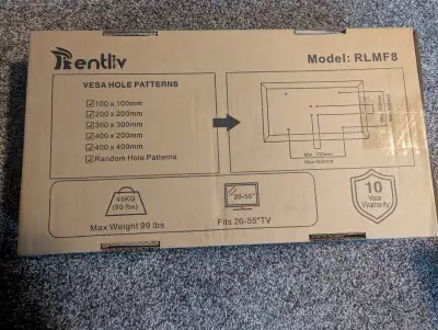 Rentliv RLMF8 Tv Mount New in Box 10 Year Warranty Max Weight 99 Lbs Fits 26-55 Inch TV Multiple Hol...