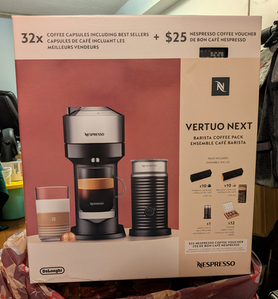 Nespresso coffee machine featuring the machine, 32 coffee capsules, the Aeroccino 3 milk frother, an...