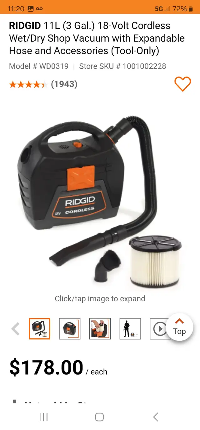 RIDGID 11L (3 Gal.) 18-Volt Cordless Wet/Dry Shop Vacuum W Extra in Power Tools in Windsor Region - Image 3