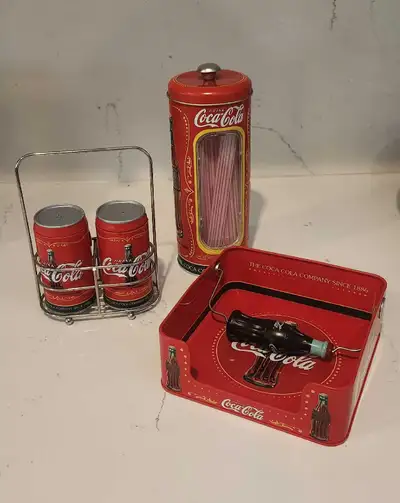 Coca cola salt, pepper, straw container, napkin holder , View more
