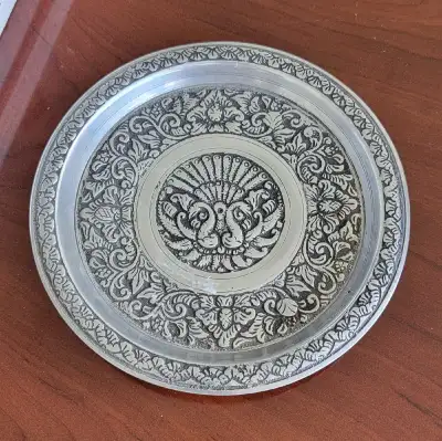 Beautifully detailed vintage/antique silver-toned metal plate featuring traditional hand-engraved Mi...