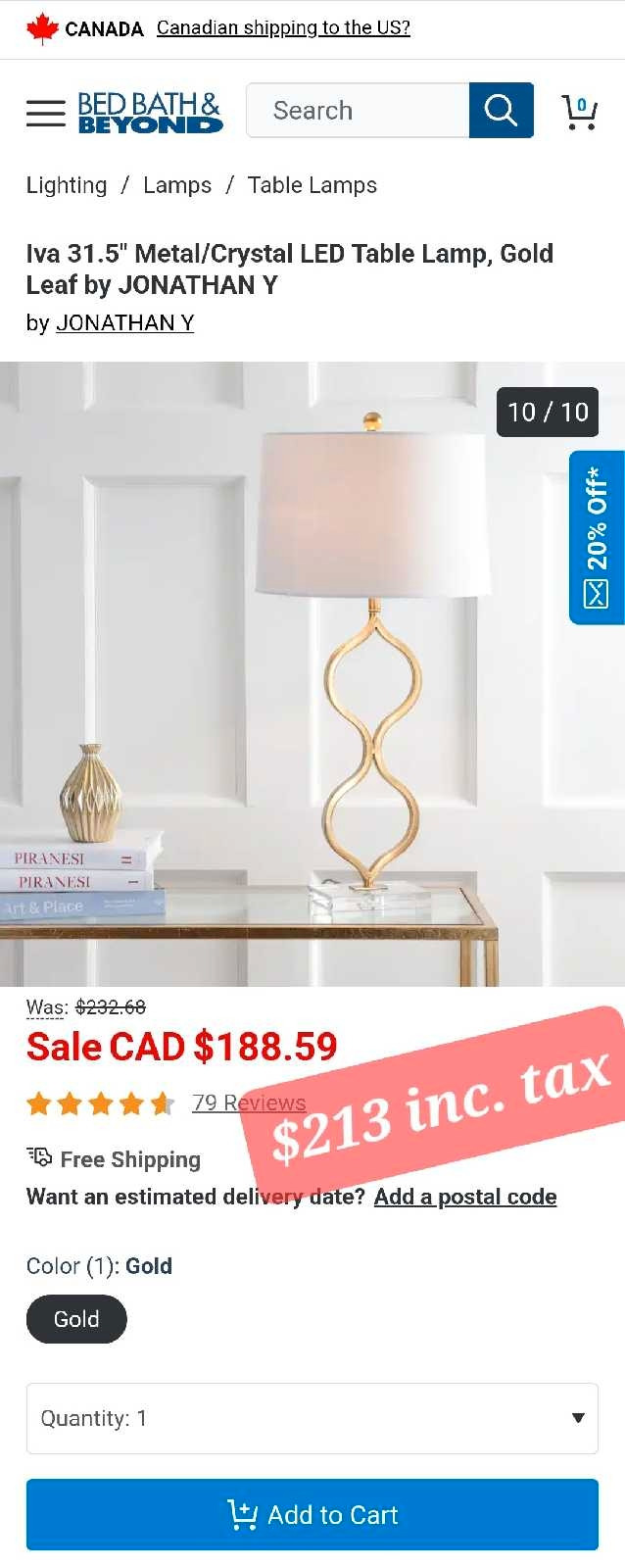 31.5" Metal/Crystal LED Table Lamp, Gold Leaf *new in Indoor Lighting & Fans in Mississauga / Peel Region - Image 3