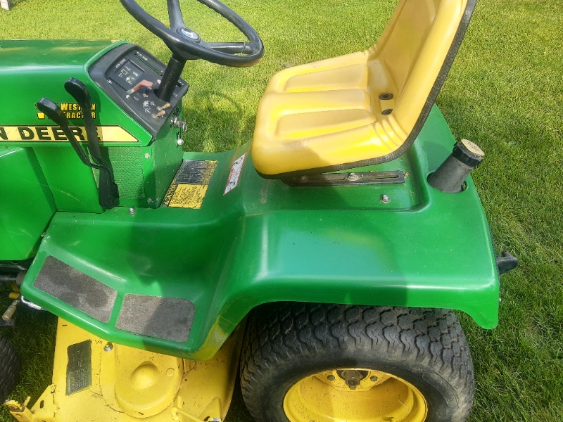 John Deere 322 Garden Acreage Tractor, with mower and tiller