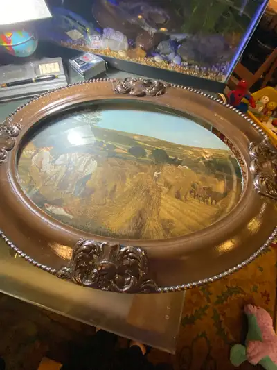 Antique Brown Frame Oval Wood Bubble Glass Carved Convex Ornate, View more