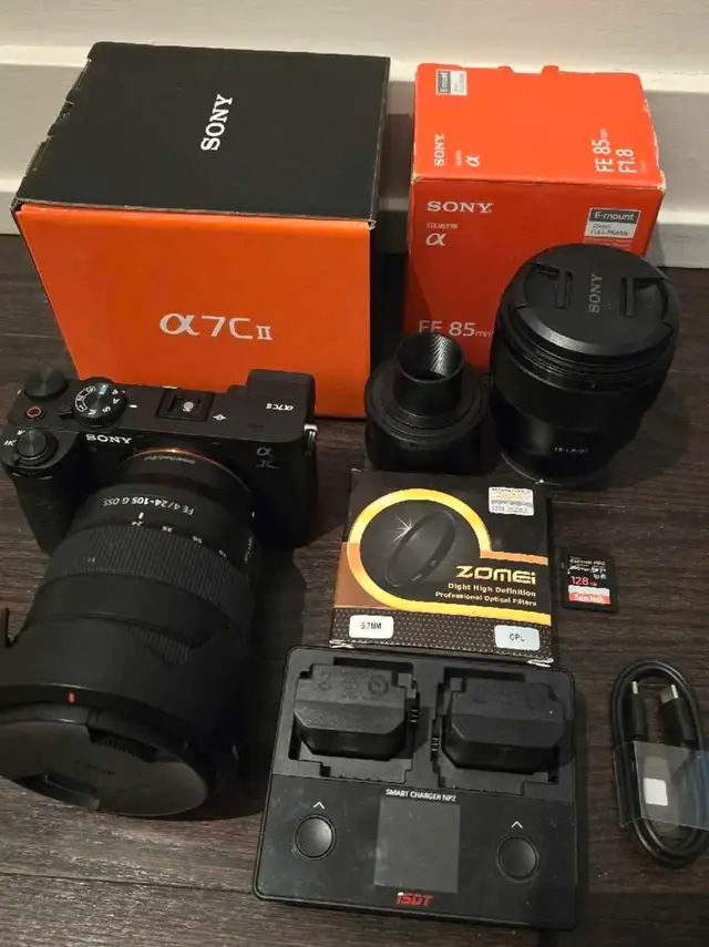 Sony A7CII camera, lenses (85mm f1.8 & 24-105mm), filter, SD628632837555211210
