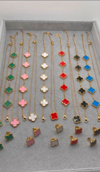VCA style 5 motif 18k gold plated bracelets, necklaces, earrings