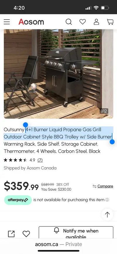 4+1 Burner Liquid Propane Gas Grill Outdoor Cabinet Style BBQ Tr, View more
