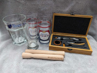 Bartender cocktail set with beer glasses and muddlers