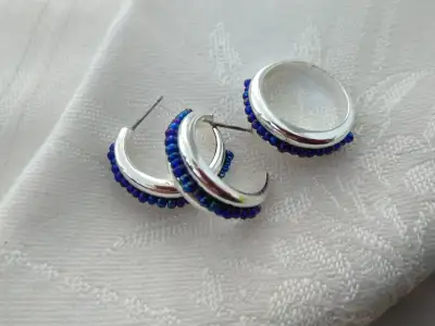 New, Earring & Matching Ring Silver tone & blue AB beads, View more