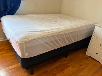 Double bed with boxspring, bed frame, and mattress protector, View more