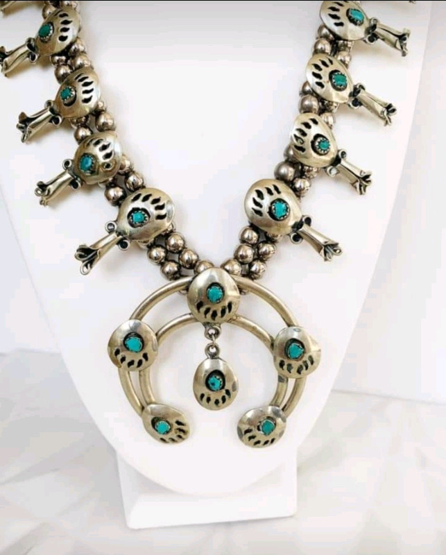 Vintage Sterling Silver Turquoise Squash Blossam Necklace for sale  