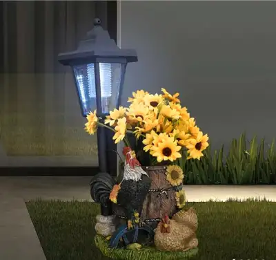 Realistic rooster with a planter bucket solar light statue, View more
