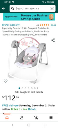 Ingenuity Comfort 2 Go Compact Portable Baby Swing with Music.