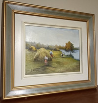 Original Fine Oil Painting Working The Hay Field by V. Walowicki