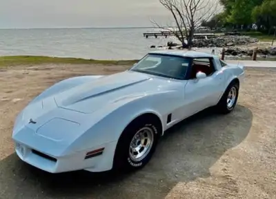 Mint ﻿1980 Corvette T-Tops: only 33,000 kms! White on Red Leather w/factory A/C, air suspension, 350...