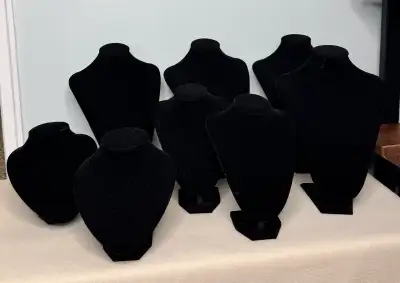• $12,00 each Or • bundle deal: $80 for all 8 pieces Elegant black velvet jewelry display busts, ide...