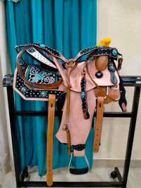 Turquoise Crystals Barrel Trail Saddle + 3 Piece Tack Set New