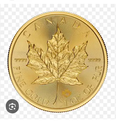 This is a stunning 1 oz Gold Maple Leaf coin, crafted with .9999 fine gold, showcasing Canada's icon...