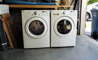LG washer and electric dryer set, stackable, works great, no issues. 27''wide, 39'' height, 30'' dep...